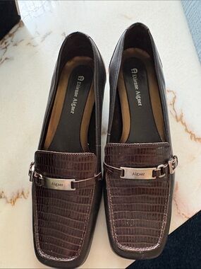 Etienne Aigner Dark Brown Croc-Embossed Leather Loafers with Metal Bit